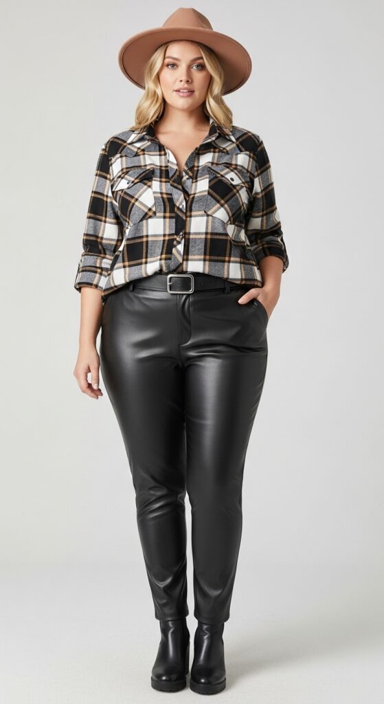 14 Plus Size Fall Western Outfits That Curvy Women Love 17 Plaid Shirt and Leather Pants