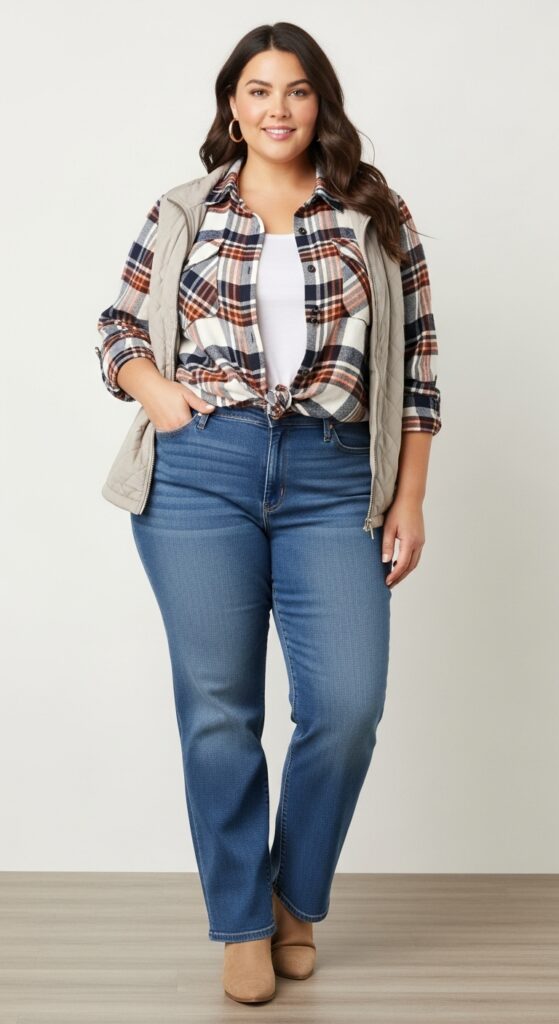 12 Plus Size Basic Fall Outfits That Curvy Women Love 10 Plaid Shirt and Straight-Leg Jeans