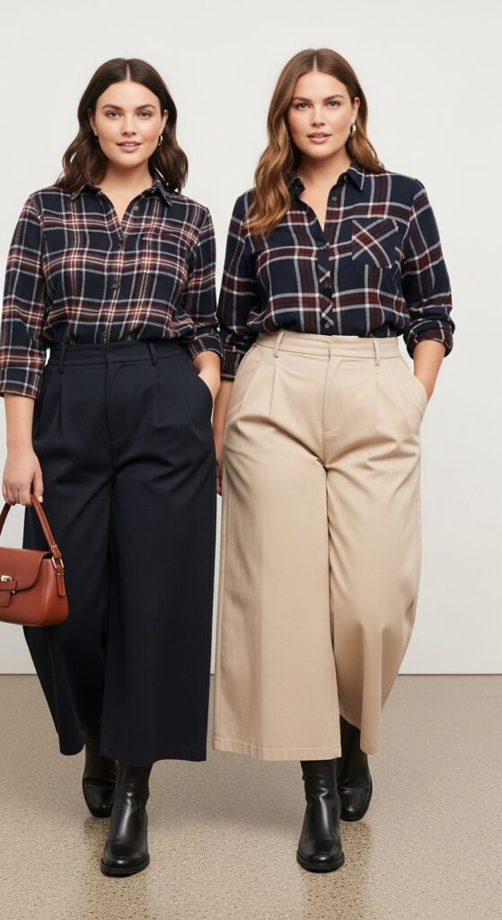 15 Chic Plus Size Fall Fashion Outfits Every Curvy Woman Will Love 7 Plaid Shirt and Wide-Legged Pants