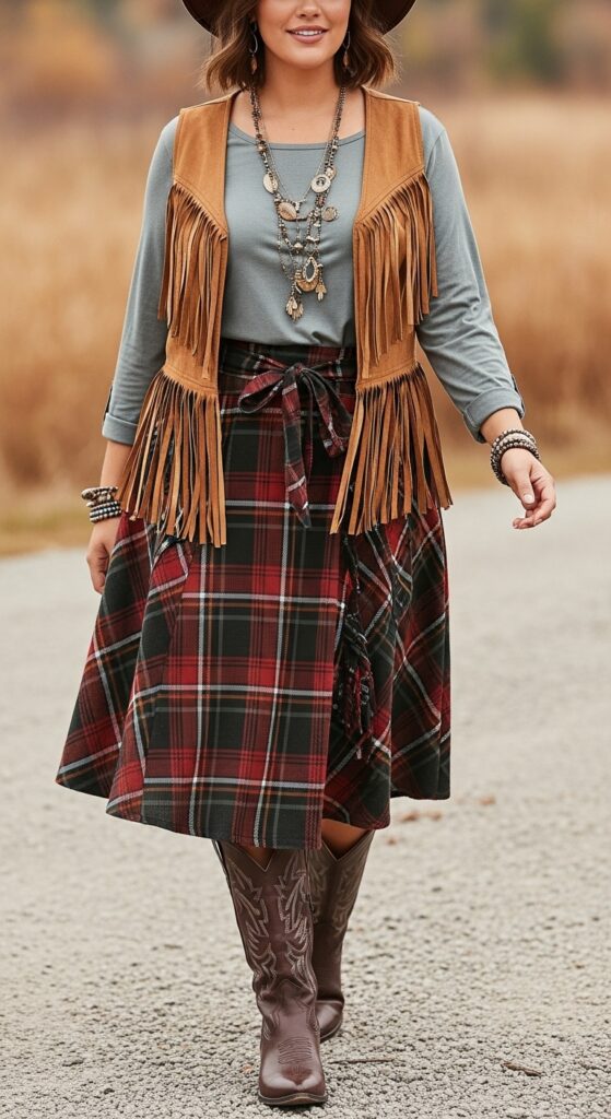 14 Plus Size Fall Western Outfits That Curvy Women Love 26 Plaid Skirt and Fringe Vest