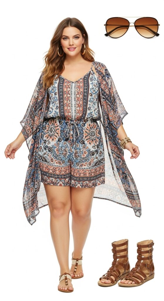 14 Plus Size Boho Summer Outfits Curvy Women Will Love 12 Playful Printed Romper with Kimono