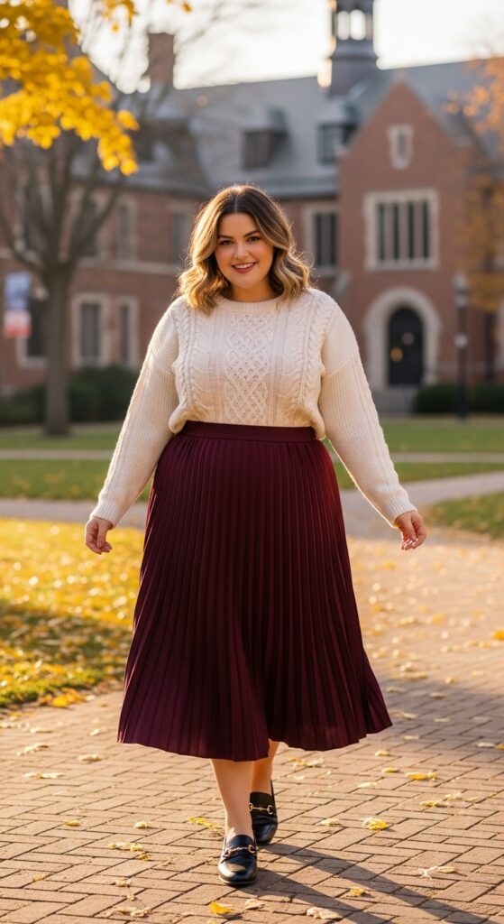 14 Plus Size Preppy Fall Outfits for Effortless, Polished Style 7 Pleated Midi Skirt Magic