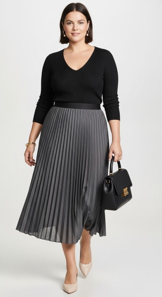 15 Plus Size Summer Mom Outfits Curvy Moms Will Love 11 Pleated Midi Skirt and Fitted Top