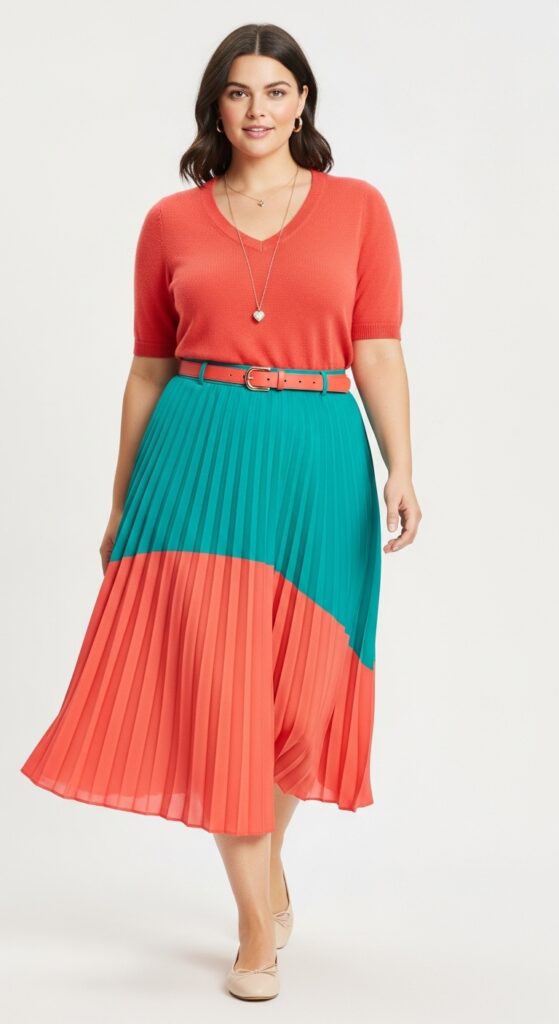10 Stunning Plus Size Summer Long Skirt Outfits for Curvy Women 8 Pleated Midi Skirt with Fitted Sweater