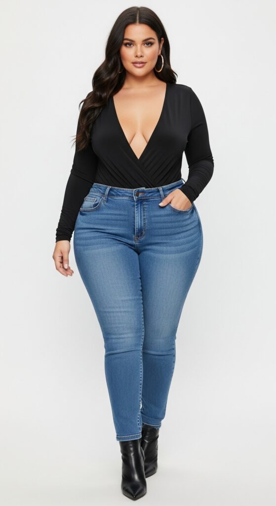 14 Plus Size Fall Club Outfits That Curvy Women Love 5 Plunging V-Neck Bodysuit and Skinny Jeans