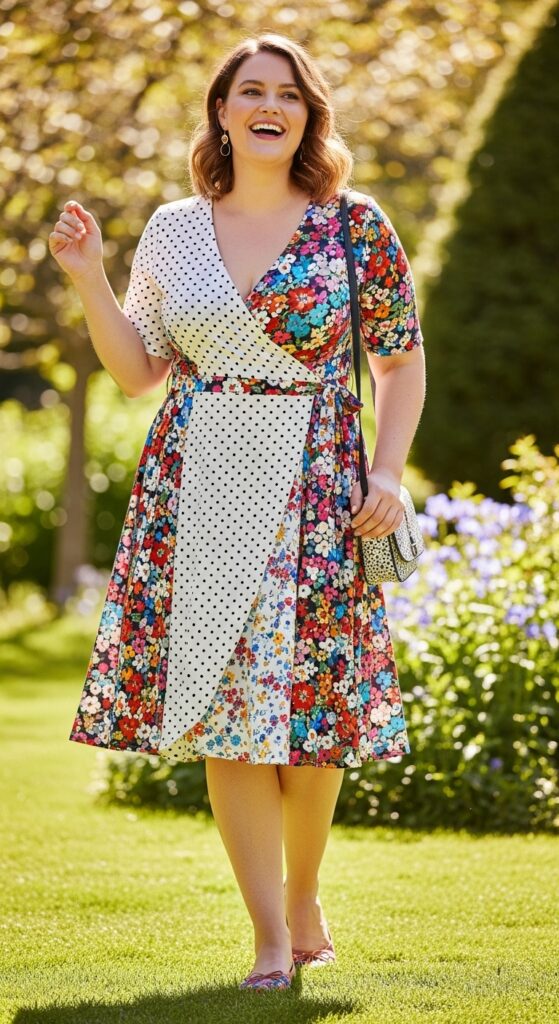 10 Gorgeous Plus Size Floral Wedding Guest Dresses for Curvy Women 9 Polka Dot Floral Hybrid Dress