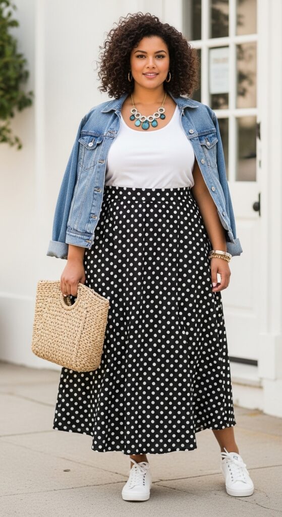 10 Cute Plus-Size Summer Outfits Curvy Women Will Love 7 Polka Dot Maxi Skirt and White Tank