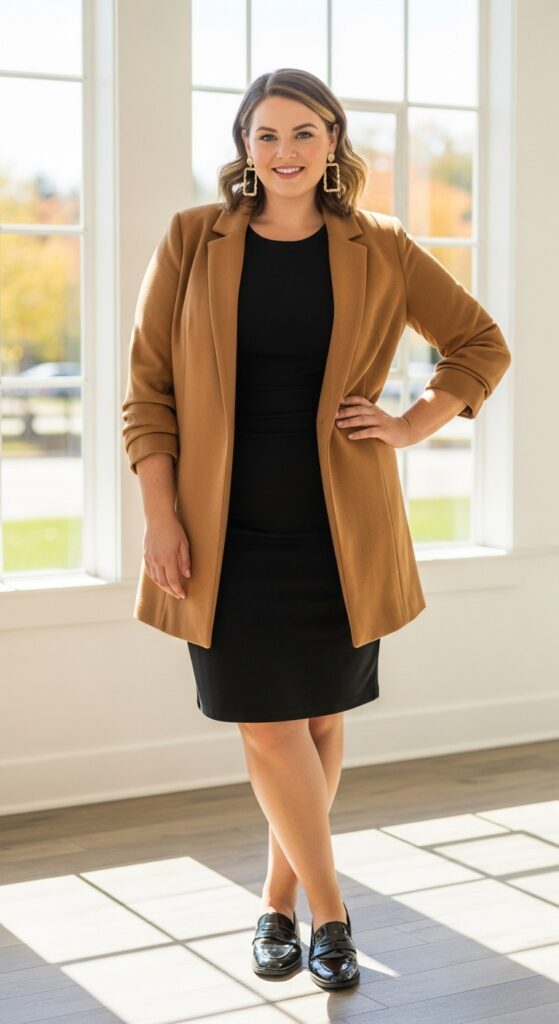 12 Plus Size Fall Office Outfits That Blend Confidence & Professionalism 3 Ponte Knit Dress + Longline Blazer