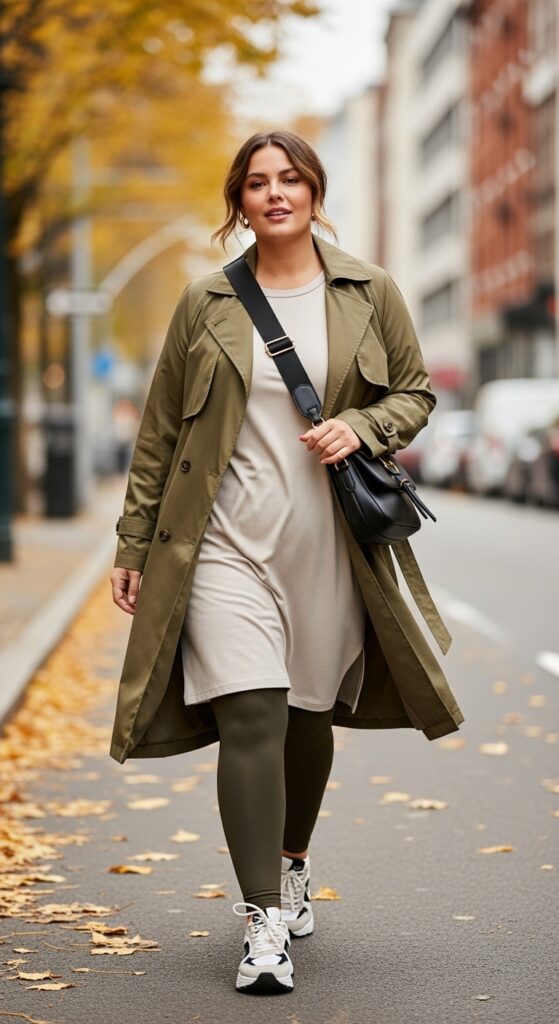 14 Plus Size Fall Outfits That Celebrate Your Curves in Every Autumn Adventure 3 Ponte Leggings + Oversized Tunic & Trench Coat