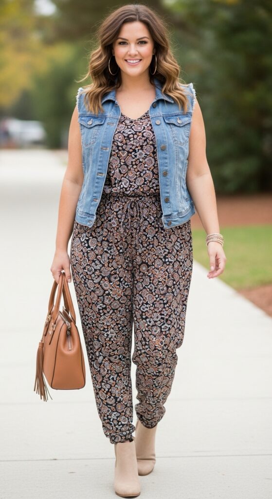 15 Chic and Casual Plus Size Fall Outfits Every Curvy Woman Will Love 11 Printed Jumpsuit and Denim Vest