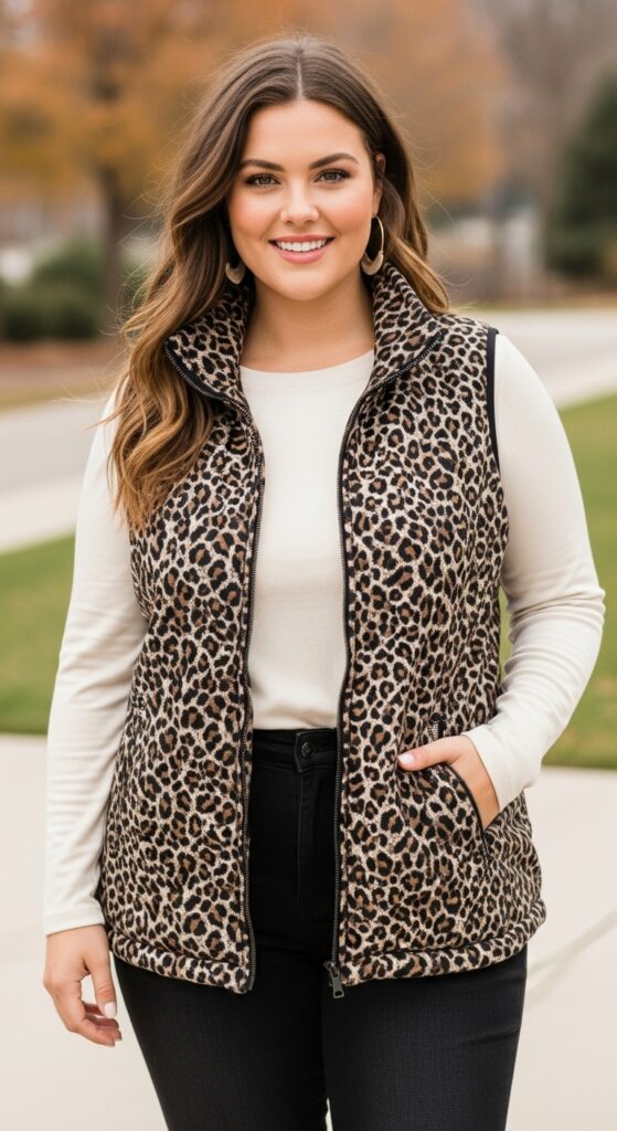 14 Plus Size Fall Vest Outfits Curvy Women Will Love 17 Printed Vest & Solid Layers