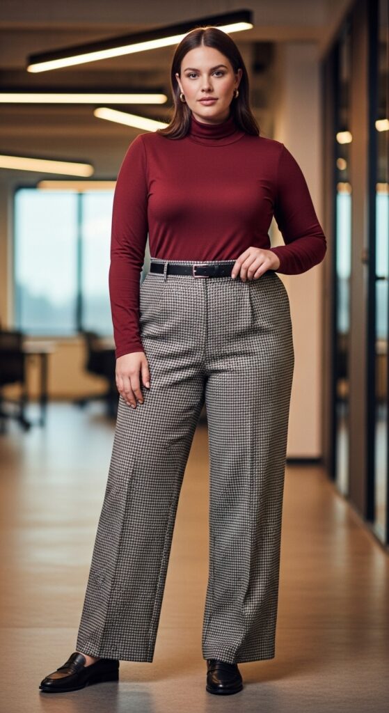 12 Plus Size Fall Office Outfits That Blend Confidence & Professionalism 7 Printed Wide-Leg Pants + Solid Turtleneck