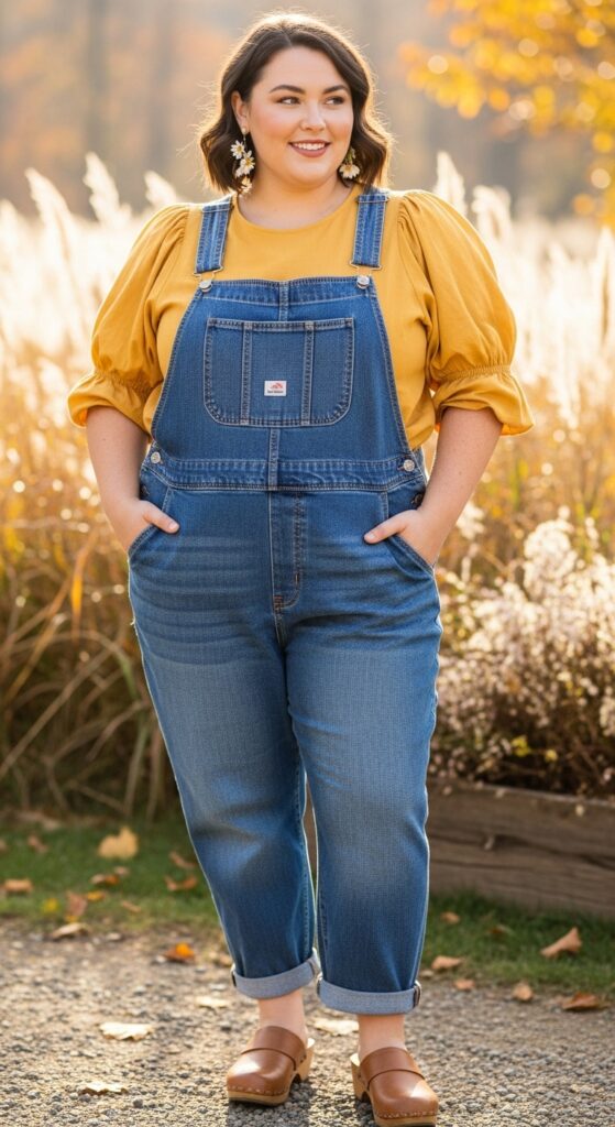 15 Plus Size Fall Aesthetic Outfits That Celebrate Your Curves & Creativity 7 Puff-Sleeve Blouse & Overalls