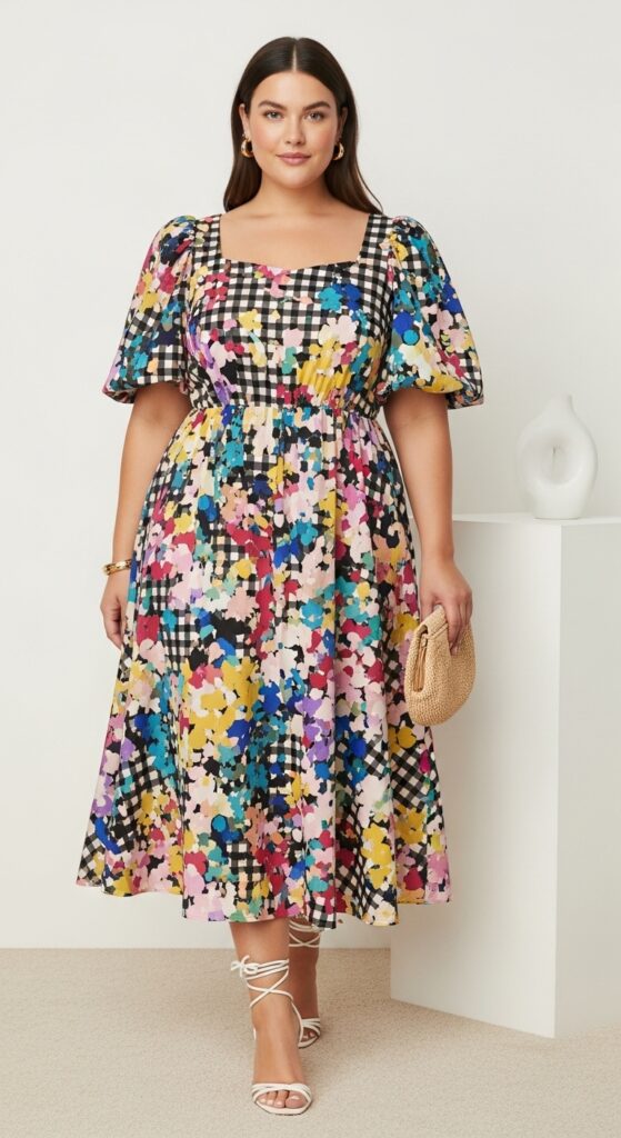 Puff-Sleeve Midi Dress