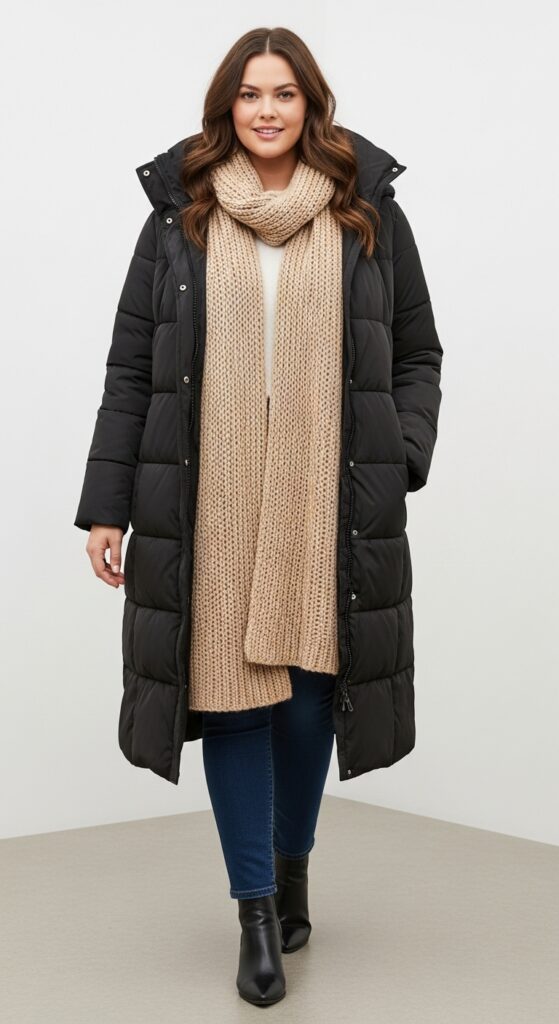 14 Chic and Cozy Plus Size Fall and Winter Outfits Every Curvy Woman Will Love 6 Puffer Coat and Knit Scarf