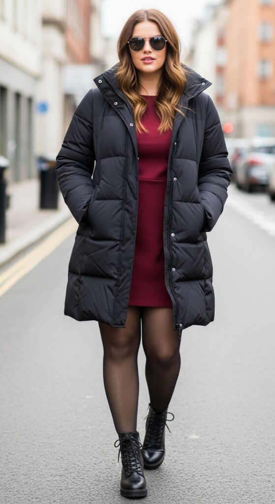15 Chic Plus Size Fall Fashion Outfits Every Curvy Woman Will Love 12 Puffer Jacket and Tights