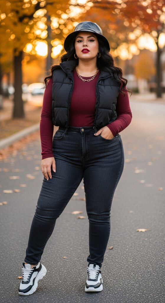 14 Plus Size Baddie Fall Outfits That Scream Confidence (Own Your Curves, Queen!) 7 Puffer Vest + Fitted Tee