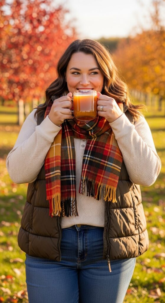 12 Plus Size Fall Photo Outfits That Make Your Curves Shine 13 Puffer Vest + Plaid Scarf