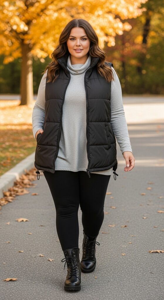 15 Chic and Casual Plus Size Fall Outfits Every Curvy Woman Will Love 12 Puffer Vest and Leggings