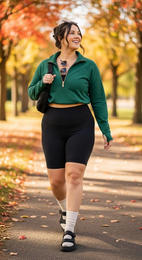 14 Plus Size Fall Athleisure Outfits Curvy Women Will Love 13 Quarter-Zip Pullover & Biker Shorts