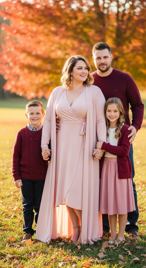 15 Plus Size Fall Family Photo Outfits That Celebrate Every Curve & Create Timeless Memories 17 Rose Quartz Midi Dress + Long Cardigan