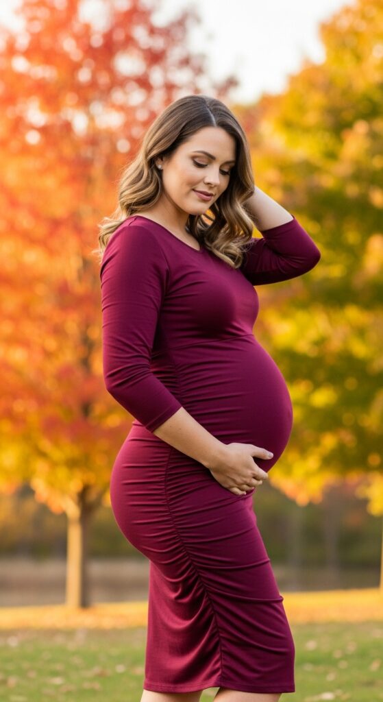 15 Plus Size Fall Maternity Outfits Curvy Women Will Love 12 Ruched Maternity Dress