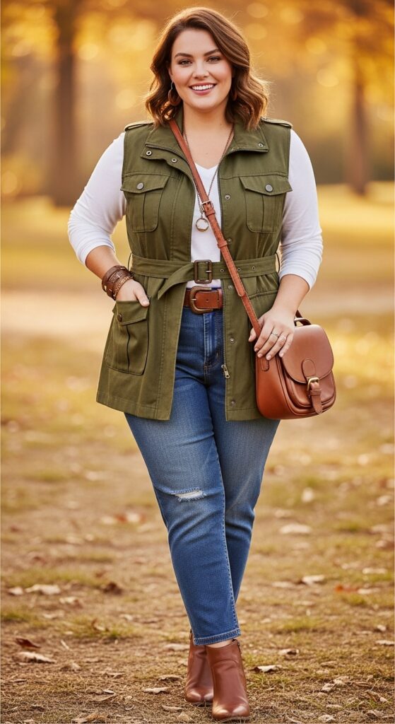 14 Plus Size Fall Vest Outfits Curvy Women Will Love 14 Safari Vest & White Tee
