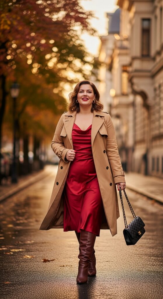 14 Plus Size Fall Going Out Outfits Curvy Women Will Love 13 Satin Slip Dress & Trench Coat