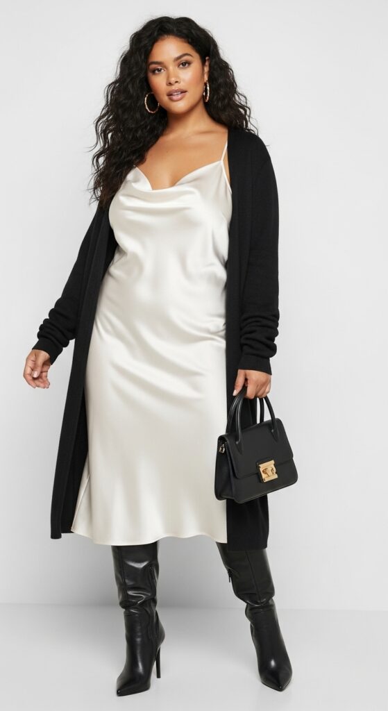 14 Plus Size Fall Club Outfits That Curvy Women Love 7 Satin Slip Dress and Heeled Boots