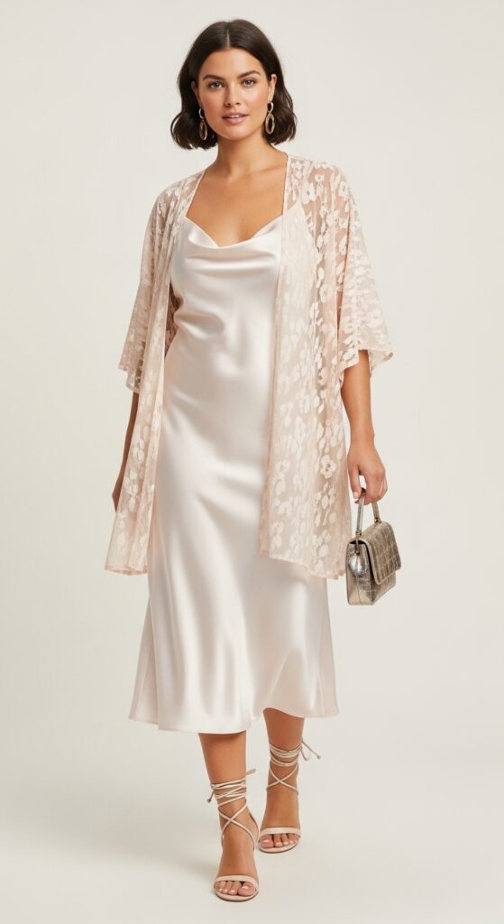 10 Stunning Plus Size Beach Wedding Guest Dresses Curvy Women Will Love 12 Satin Slip Dress with Kimono
