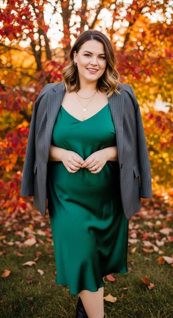 14 Plus Size Fall Birthday Outfits to Make You Feel Absolutely Radiant 7 Satin Slip Dress with a Blazer