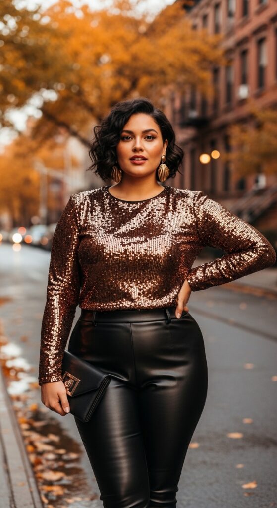 15 Plus Size New York Fall Outfits Curvy Women Will Love 18 Sequin Top & Leather Pants