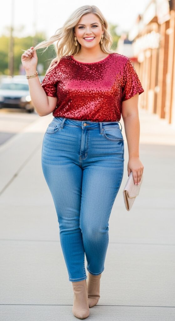 Sequin Top and High-Waisted Jeans