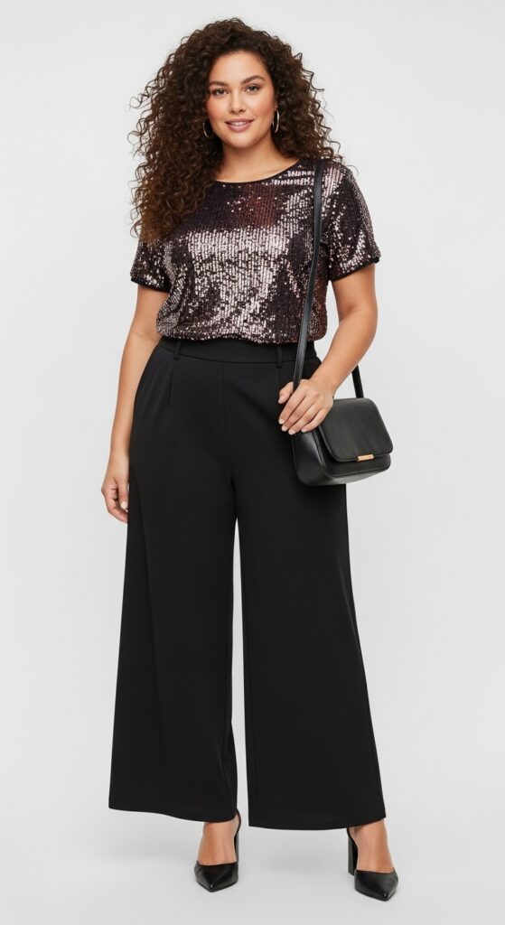 14 Plus Size Fall Club Outfits That Curvy Women Love 8 Sequin Top and Wide-Legged Pants