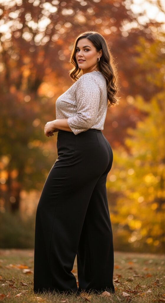 12 Plus Size Fall Photo Outfits That Make Your Curves Shine 10 Sequined Top + Wide-Leg Pants