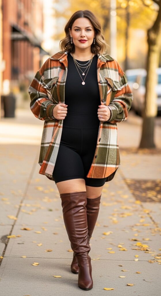 14 Plus Size Baddie Fall Outfits That Scream Confidence (Own Your Curves, Queen!) 9 Shacket + Bike Shorts