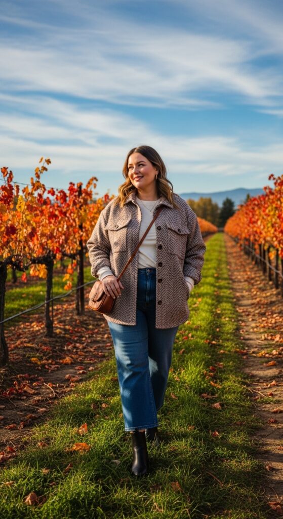 15 Plus Size Fall Winery Outfits for an Unforgettable Autumn Day 10 Shacket and Wide-Leg Comfort