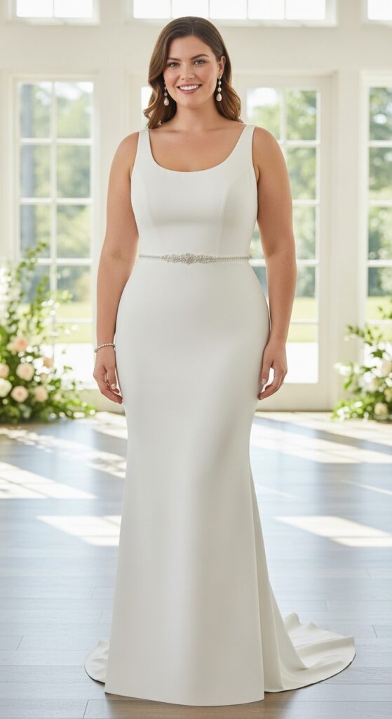 10 Simple Plus Size Wedding Dresses for Curvy Brides 4 Sheath Silhouette Gown