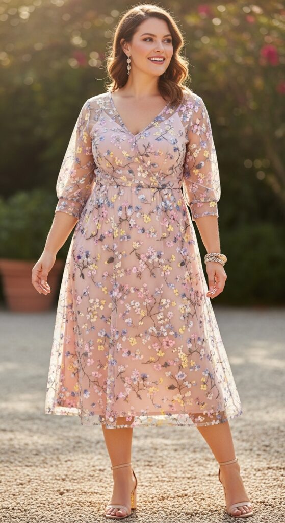 10 Gorgeous Plus Size Floral Wedding Guest Dresses for Curvy Women 8 Sheer Floral Overlay Dress