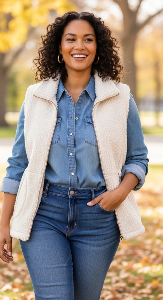 14 Plus Size Fall Vest Outfits Curvy Women Will Love 16 Sherpa Vest & Denim Everything
