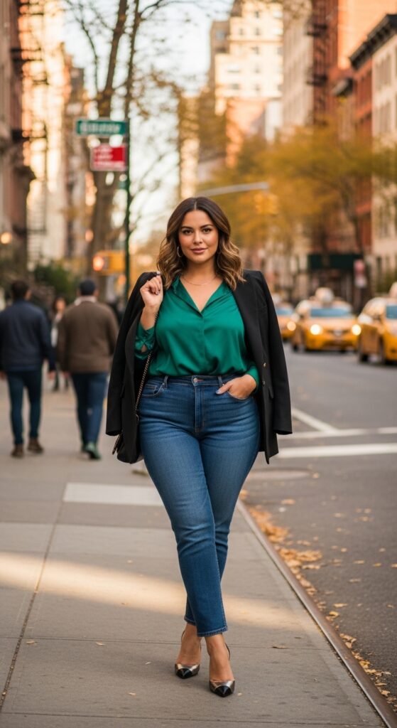 15 Plus Size New York Fall Outfits Curvy Women Will Love 10 Silk Blouse & Dark Denim