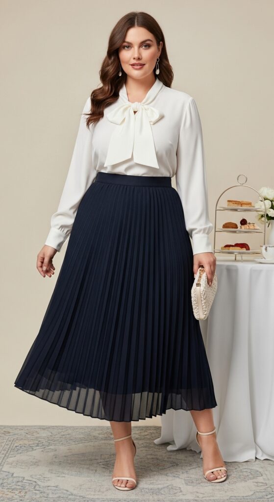 12 Classy Plus Size Summer Outfits Curvy Women Will Love 13 Silk Blouse & Pleated Skirt Elegant and Refined