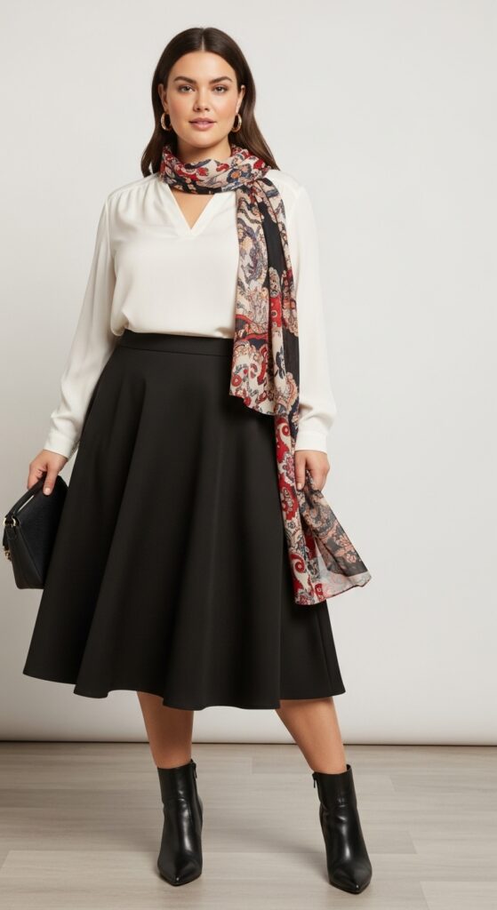 12 Plus Size Italian Fall Outfits That Curvy Women Love 23 Silk Blouse and A-Line Skirt