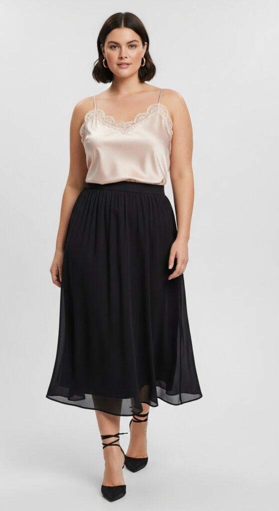 14 Chic and Cozy Plus Size Date Night Fall Outfits Every Curvy Woman Will Love 6 Silk Camisole and Midi Skirt
