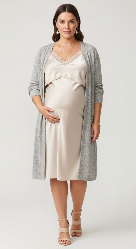 15 Stunning Plus Size Summer Pregnancy Outfits Every Curvy Mom-to-Be Will Love 15 Silky Slip Dress with Cardigan