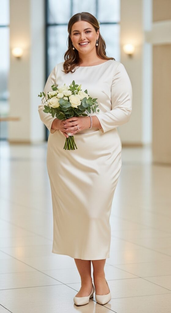10 Simple Plus Size Civil Wedding Dresses Curvy Brides Will Love 8 Sleek Satin Midi Dress