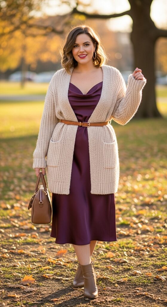 15 Plus Size Fall Dress Outfits That Celebrate Every Curve 13 Slip Dress + Chunky Cardigan