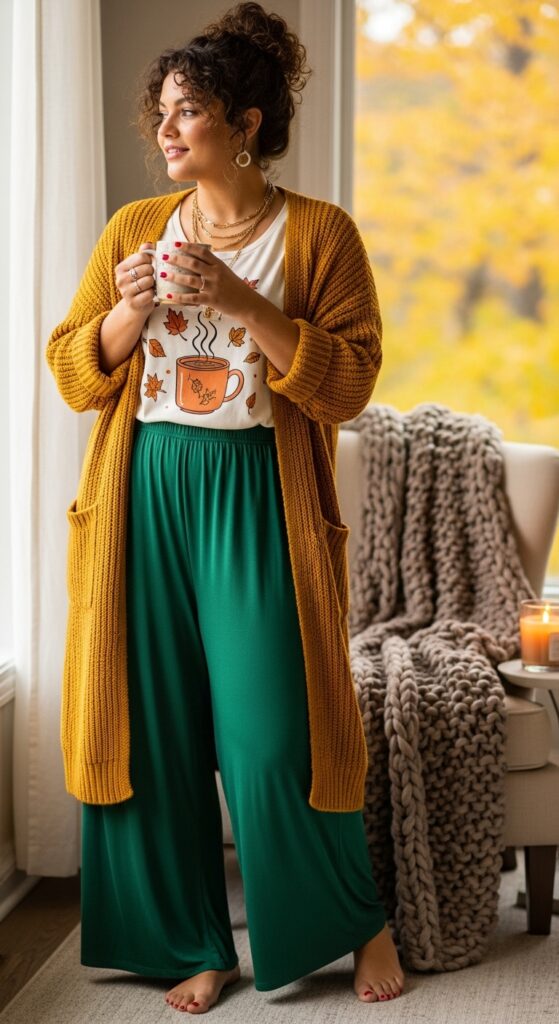 15 Plus Size Cozy Fall Outfits Curvy Women Will Love 14 Soft Palazzo Pants & a Tee
