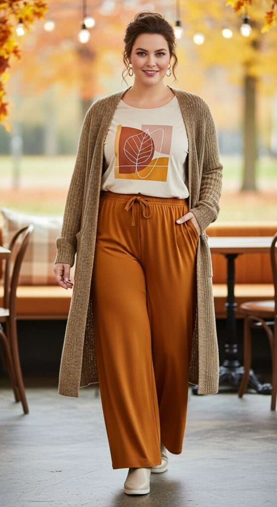 14 Plus Size Comfy Fall Outfits That Are Big on Style 14 Soft Palazzo Pants & a Tee