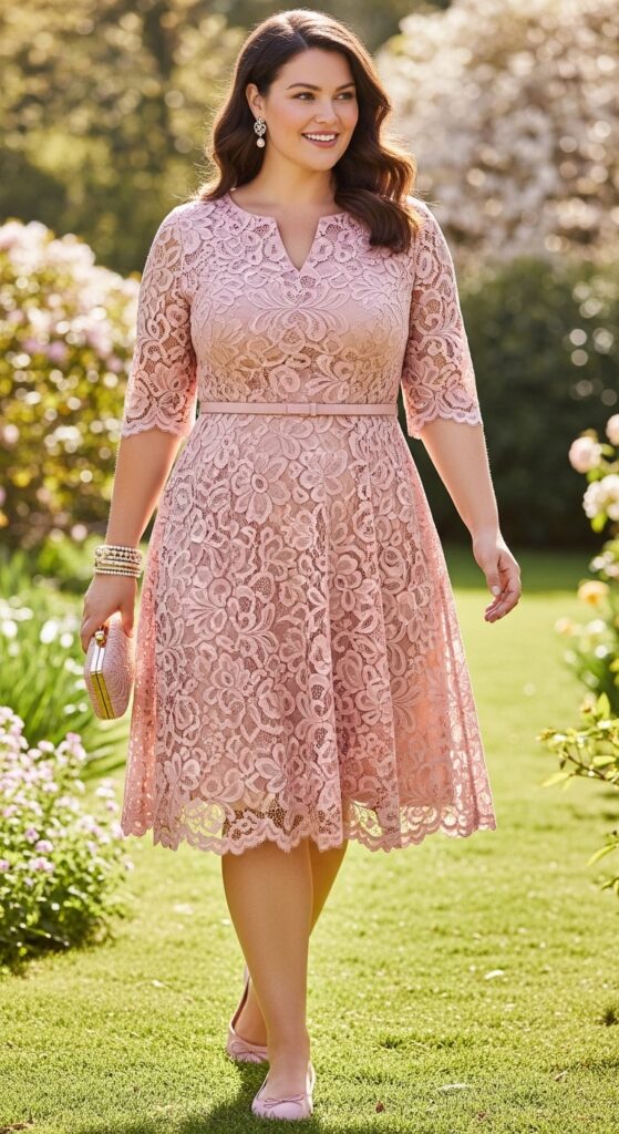 10 Gorgeous Plus Size Pink Wedding Guest Dresses for Curvy Women 9 Soft Pink Lace Dress